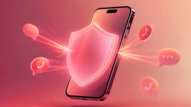 Crimson-toned illustration of a smartphone guarded by a glowing red shield, with incoming call and chat bubbles bouncing off it