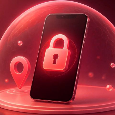 Crimson and red illustration of a smartphone guarded by a shield with a padlock at its centre
