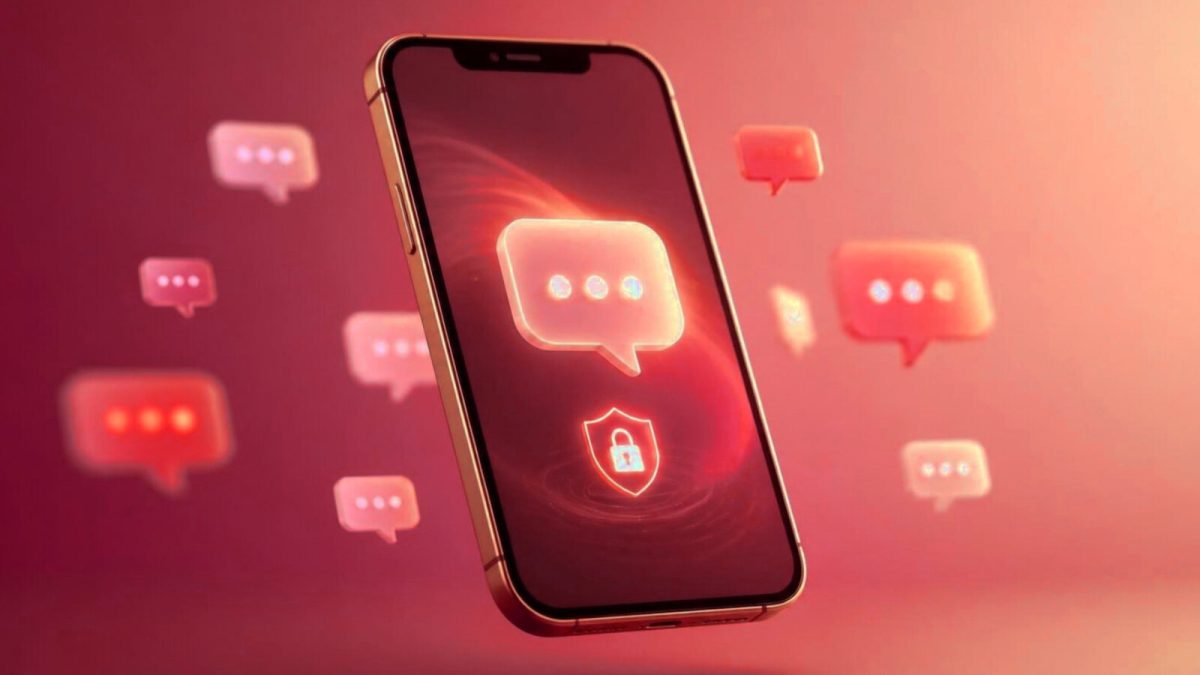 Crimson and red toned illustration of a smartphone with a padlock and chat bubbles, showing OTP SMS delivery problems
