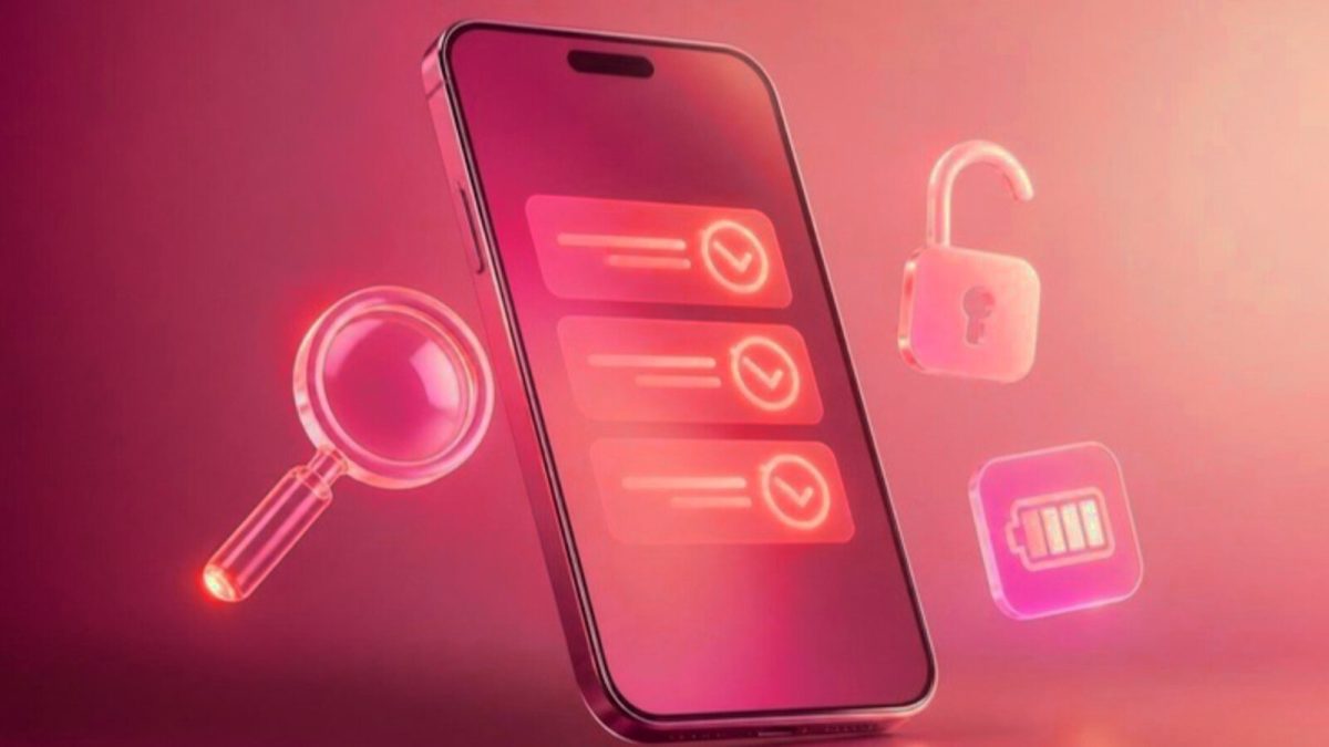 Smartphone in crimson and red tones showing a checklist, surrounded by a magnifying glass, an open padlock and a battery icon, representing checks before buying a used phone