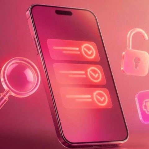 Smartphone in crimson and red tones showing a checklist, surrounded by a magnifying glass, an open padlock and a battery icon, representing checks before buying a used phone