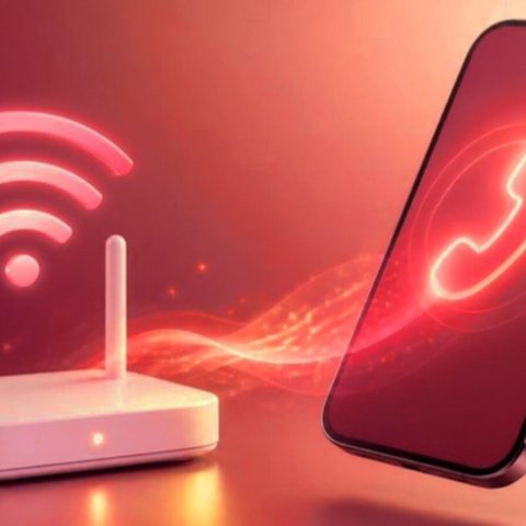 Smartphone with a lit-up call icon placed beside a home Wi-Fi router, shown in crimson and red tones
