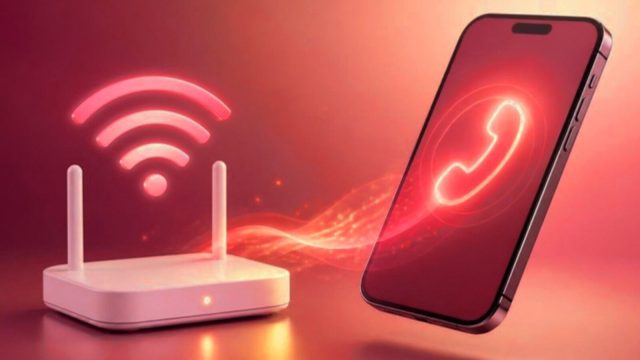 Smartphone with a lit-up call icon placed beside a home Wi-Fi router, shown in crimson and red tones